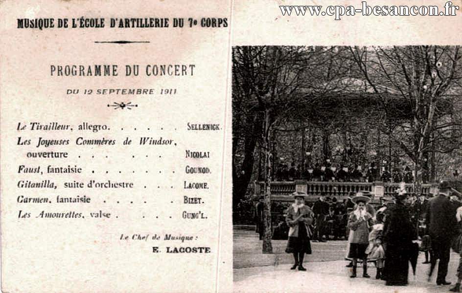 Musique de l’École d'Artillerie du 7e Corps - Programme du Concert du 12 Septembre 1911